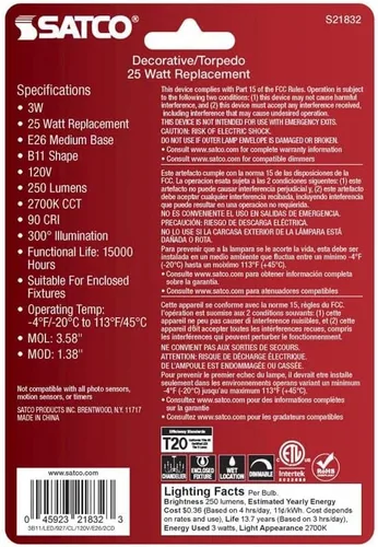 Vista 3 de Satco 21832-3B11/LED/927/CL/120V/E26/2CD Decorativa (S21832) Bombilla LED de punta roma