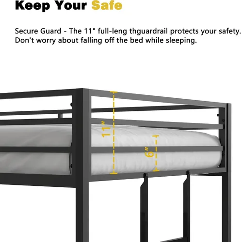 Vista 6 de Cama tipo loft de metal individual con escalera y rieles de protección de alta seguridad, cama loft moderna multifuncional para niños, adolescentes