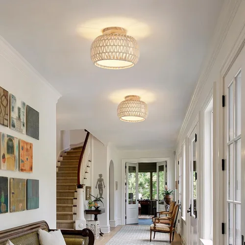 Vista 6 de Lámpara de techo de ratán bohemio, 3 opciones de estilo, luces de techo de mimbre semiempotradas, accesorios de luz costera beige, candelabro