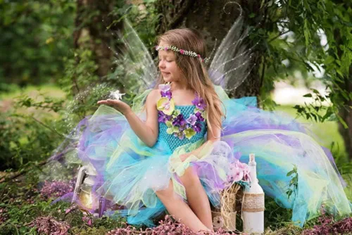 Vista 2 de Tutu Dreams Vestido de princesa de hada de tren largo para niñas de 1 a 8 años con alas para fiesta de cumpleaños