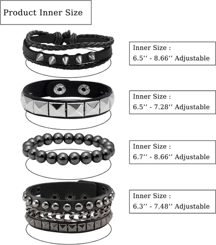 Vista 4 de Eigso Juego de 4 pulseras de cuero punk, con tachuelas de roca para hombres y mujeres, estilo retro, clásico, con pinchos, de metal, para hombre
