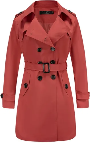 Vista 7 de NANJUN Gabardina de doble botonadura para mujer, abrigo clásico con solapa, ropa de abrigo delgada impermeable con hebilla de cinturón A-caqui