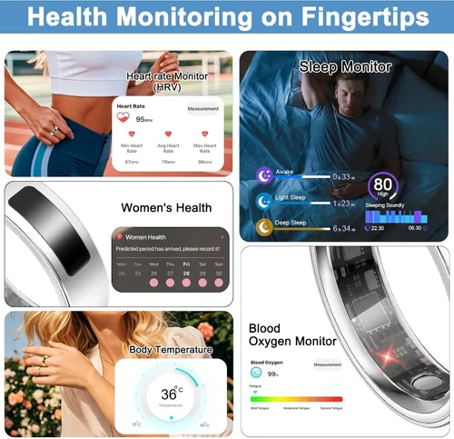 Vista 2 de uaue Anillo inteligente de salud para mujeres y hombres, alerta de vibración, control táctil, anillo de seguimiento de fitness con sueño/salud