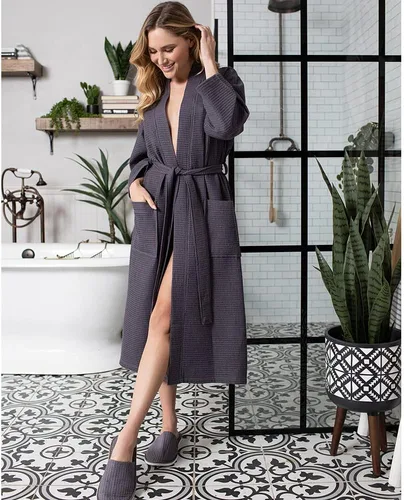Vista 4 de Lotus Linen Batas ligeras de tejido gofre para mujer, bata larga de algodón suave, bata de baño tipo kimono para spa