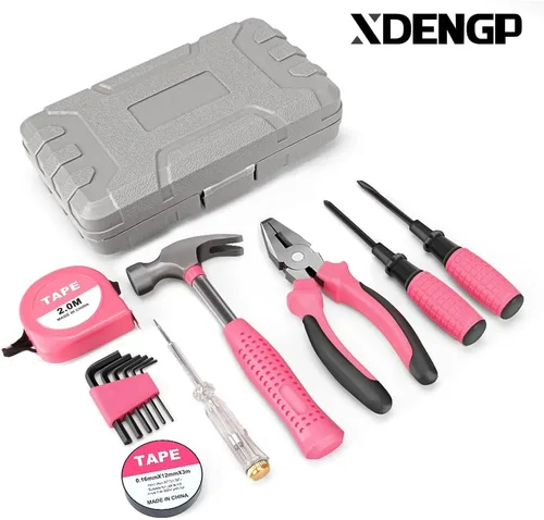 Vista 2 de Juego de herramientas rosa de 13 piezas, mini caja de herramientas para mujeres. Kit de herramientas para el hogar con caja de herramientas