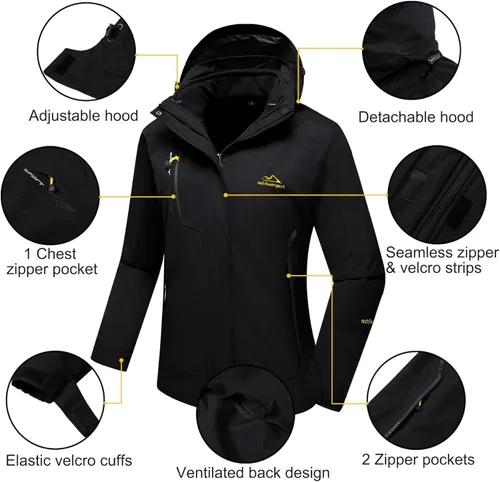Vista 6 de MAGCOMSEN - Chaqueta de esquí 3 en 1 para mujer, con forro interior de vellón, chaqueta tipo parca rompevientos e impermeable para el invierno