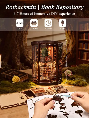 Vista 2 de Rotbakmin - Kit de rincón de libro para adultos, adolescentes, biblioteca de casa en miniatura, casa de muñecas, rompecabezas de madera 3D, edificio