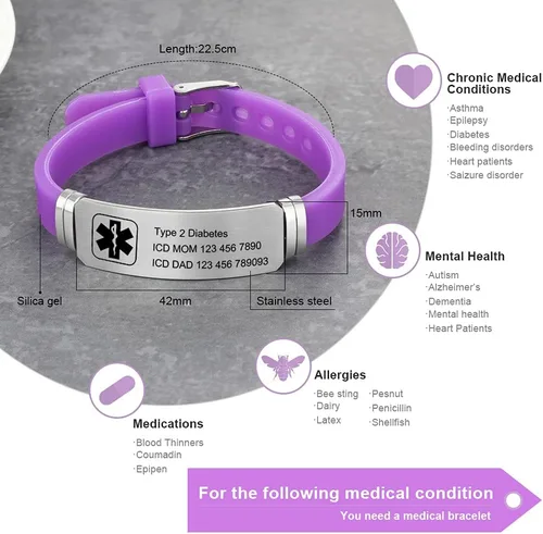Vista 138 de OPALSTOCK Pulseras médicas personalizadas de silicona ajustable para identificación de emergencias, grabado gratuito, 9 pulgadas, resistente al