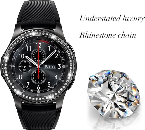 Vista 3 de DEALELE Fundas para Samsung S3 Frontier/Classic/Galaxy Watch 4/4 Classic, Rhinestone Diamond Steel Watch Face Bezel Rings (negro)