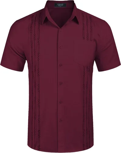Vista 4 de COOFANDY Camisa guayabera cubana de algodón y lino para hombre, casual, manga corta, con botones, para verano y playa