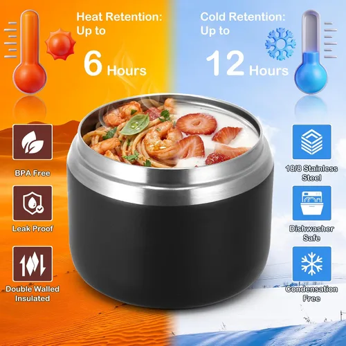 Vista 5 de MAXSO Tarro de comida aislado al vacío de 14 onzas con tapa de hebilla de cuchara, termo de sopa para niños para comida caliente, boca ancha, Negro