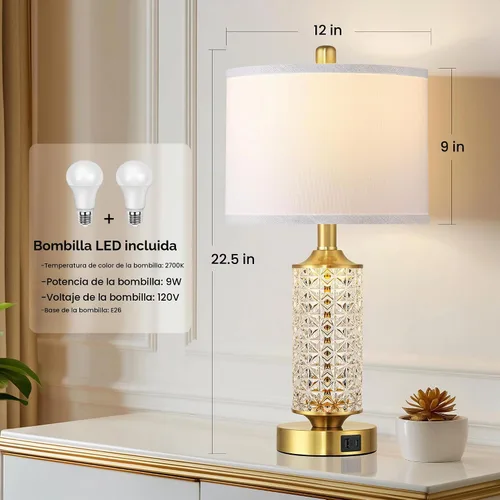Vista 2 de QiMH - Juego de 2 lámparas de mesa de cristal dorado para sala de estar Oro cepillado+sombra blanca