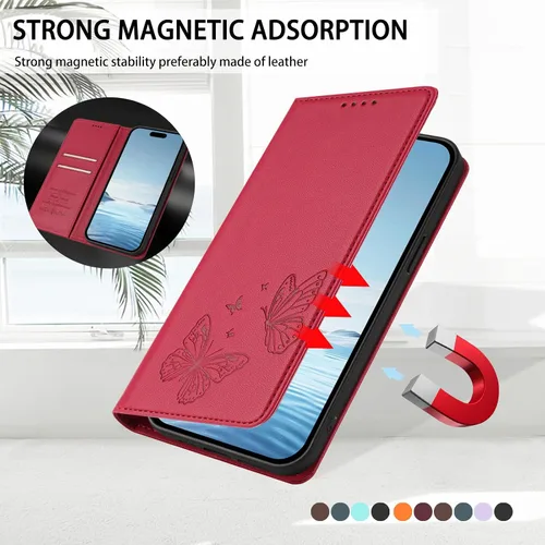 Vista 7 de Butterfly Embossed Leather Wallet Flip Case for Motorola Moto E22i 4G, Magnetic Closure, RFID Blocking Cover, Card Holder Red.