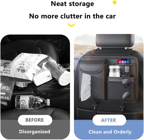 Vista 6 de Tumecos Bolsa de almacenamiento para el respaldo del asiento del automóvil, organizador de asiento trasero con caja de pañuelos, bolsillo