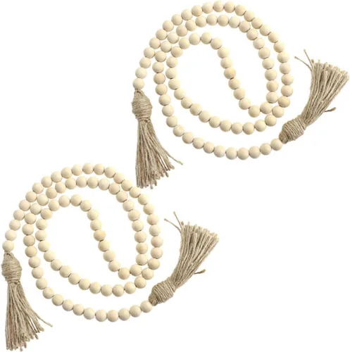 Vista 9 de IMIKEYA Guirnalda de cuentas de madera con borlas de 57 pulgadas, decoración rústica natural de granja para centros de mesa del hogar, bandejas Beige