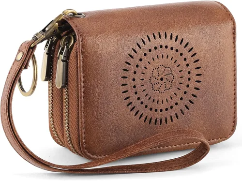 Vista 10 de SENDEFN Tarjetero de cuero para tarjetas de crédito, cartera pequeña para mujer, bloqueo RFID, doble cremallera con ventana de identificación