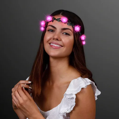 Vista 3 de Diadema con corona de flores rosas con luces LED