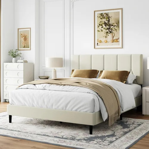 Vista 11 de IOILORI Base de cama tamaño matrimonial con cabecera tapizada de terciopelo, listones de madera resistentes, sin caja de resortes, sin ruido, fácil