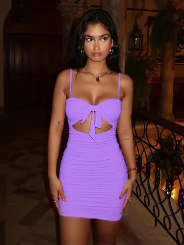 Vista 4 de BORIFLORS Vestido sexy de fiesta para mujer, con tirantes delgados, espalda descubierta, fruncido, con corte entallado