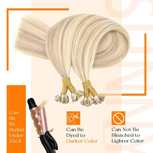 Vista 4 de Sunny Hair Extensiones de cabello humano con queratina, rubio ceniza con reflejos rubio decolorado, extensiones de cabello con punta plana, 14
