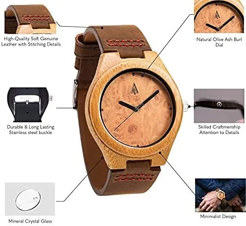Vista 3 de treehut Reloj de pulsera de madera para hombre con correa de cuero genuino analógico de cuarzo para hombre