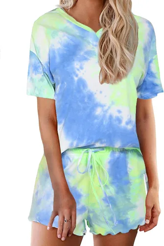 Vista 27 de Ekouaer Conjunto de pijamas teñidos con técnica tie dye para mujer, ropa de dormir, 2 piezas, conjuntos de pijamas, ropa de relajación A-tie Dye