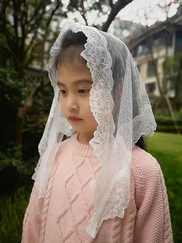 Vista 4 de Velos triangulares de mantilla para niñas de primera comunión, con encaje, misa latina