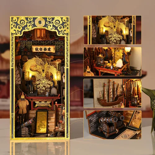 Vista 4 de MiniCity Kit de rincón de libros, kit de bricolaje en miniatura para casa de muñecas, rompecabezas de madera 3D, decoración con luz LED