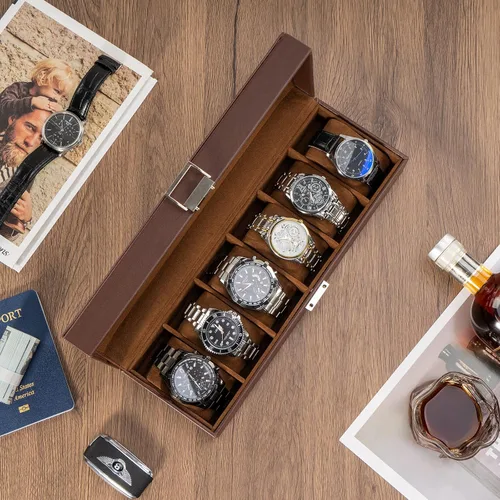 Vista 2 de ProCase Caja de reloj para hombre, estuche de exhibición de reloj con 6 ranuras para hombre, organizador de caja de reloj de piel sintética