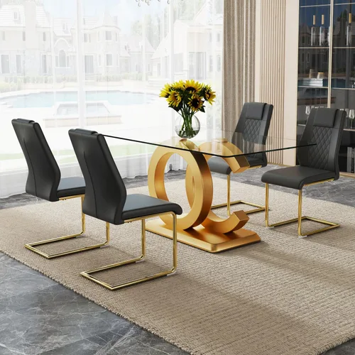 Vista 9 de Ebullient - Juego de mesa de comedor de vidrio para 4, juego de mesa y sillas de 5 piezas, mesa de comedor rectangular moderna con tapa de vidrio