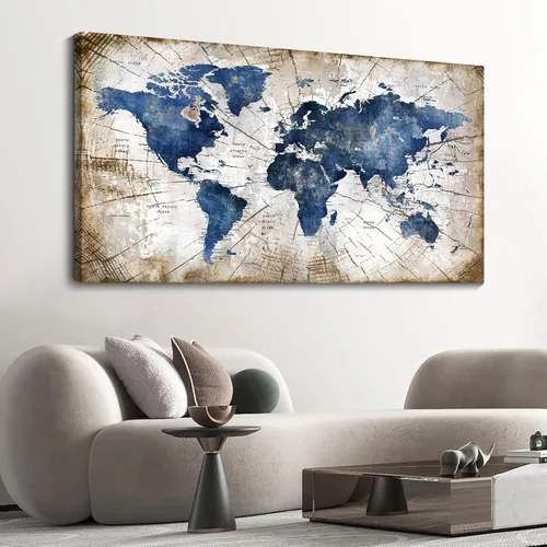 Vista 3 de Lienzo de mapa del mundo para pared, arte abstracto de mapas del mundo azul marino para pared, arte de pared moderno vintage para oficina, cuadros