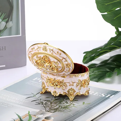 Vista 7 de Hipiwe Joyero de metal vintage, organizador ovalado con diseño de rosas, caja de almacenamiento para anillos, aretes, collar, regalo para mujeres