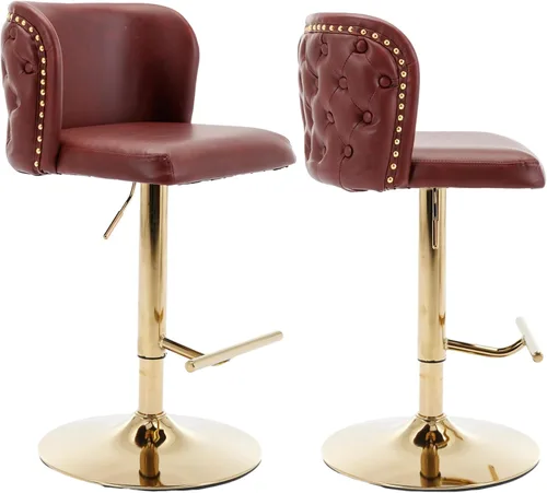 Vista 22 de Taburetes de bar tapizados de poliuretano con base dorada, taburetes de bar ajustables de 25-33 pulgadas, taburetes de mostrador con respaldo Beige