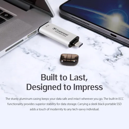 Vista 4 de Transcend ESD310 SSD externo de 1 TB, hasta 1,050 MB/s, unidad USB dual para iPhone17,16,15, iPad y Mac/Pixel10/Tesla/Steam Deck/ROG Ally/MSI Gris