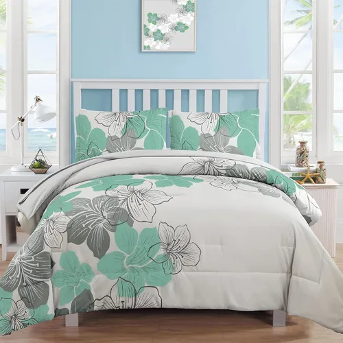 Vista 15 de Luxudecor Juego de edredón floral tamaño individual, 6 piezas de cama en una bolsa, edredón floral azul y juego de sábanas, juego de ropa de cama