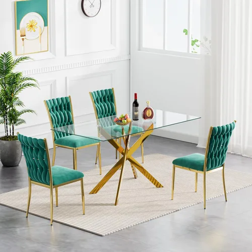 Vista 10 de Juego de mesa de comedor de cristal para cocina de 4, 5 piezas, mesa de comedor rectangular de 51 pulgadas con 4 sillas de cocina de terciopelo