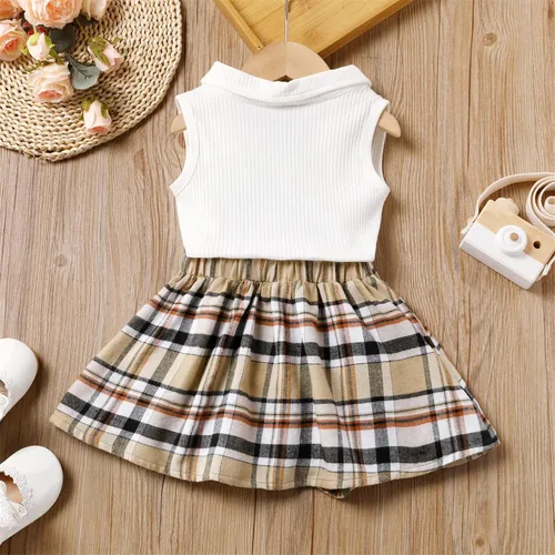 Vista 3 de PATPAT Kid Girls 2 Piece Outfits Solid Flutter Long-sleeve Top and Button Down Houndstooth Skirt Set