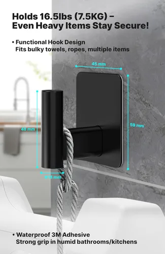 Vista 3 de 4smile Ganchos adhesivos para toallas para baños, juego de 4 percheros autoadhesivos negros, ganchos resistentes, incluye clavos de montaje
