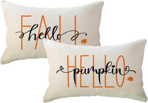 Vista 14 de Fundas de almohada naranjas de otoño de 12 x 20 pulgadas, paquete de 2 fundas de almohada decorativas rectangulares/lumbar, fundas de cojín de Hello