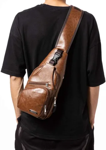 Vista 7 de Bolso bandolera de cuero personalizado - Bolso cruzado para hombre - Bolso de pecho para hombre - Mochila bandolera con puerto de carga USB - Bolsa