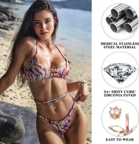 Vista 3 de Sanfenly 12 anillos de pezón anillos de ombligo para mujer 14G 316L acero inoxidable quirúrgico curvado barra de ombligo bonita mariposa flor