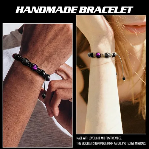 Vista 3 de Pulsera de triple protección, pulsera de cuentas de obsidiana negra y hematita genuina con ojo de tigre para hombres y mujeres, pulseras curativas