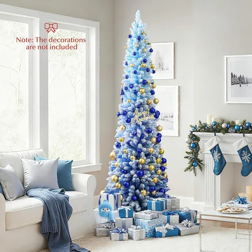 Vista 2 de Goplus Árbol de Navidad Artificial Delgado Tipo Lápiz con Bisagras de 7 Pies con Efecto Nieve Azul Degradado, Pre-Iluminado con 290 Luces LED