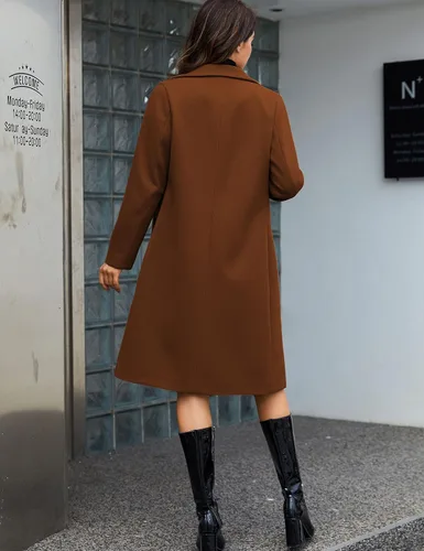 Vista 4 de Tanming - Abrigo de mezcla de lana con solapa de muesca para mujer, doble botonadura y largo hasta la rodilla