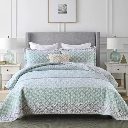 Vista 13 de DDUOXIN Edredón 100 % algodón, tamaño Queen, moderno, botánico, con 2 fundas de almohada, colcha con estampado floral a rayas, juego de ropa de cama