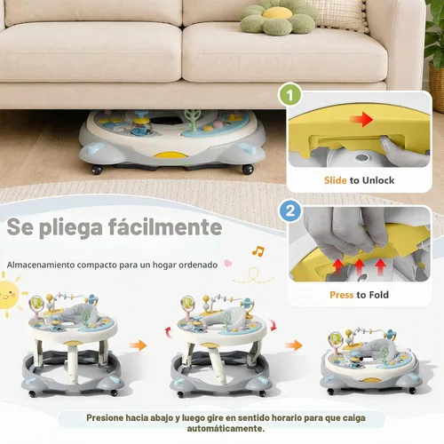Vista 6 de Andador de bebé con ruedas, andador plegable para bebés de 6 a 12 meses, asiento giratorio de 3 posiciones con centro de actividad interactivo Gris