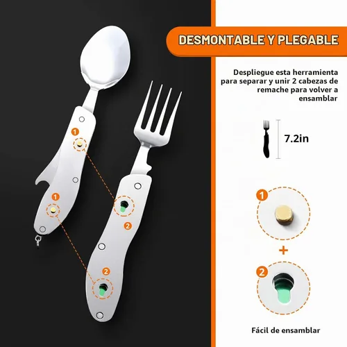 Vista 7 de HIKENTURE 4 en 1 Utensilios para Camping, Juego de Cubertería de Acero Inoxidable con Cuchara, Tenedor, Cuchillo y Abrebotellas, Cubiertos