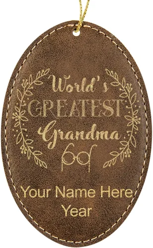 Vista 9 de LaserGram Personalized Christmas Ornament, World's Greatest Grandma, Faux Leather, Custom Laser Engraved Gift Idea (Oval Shape, Black with Gold)