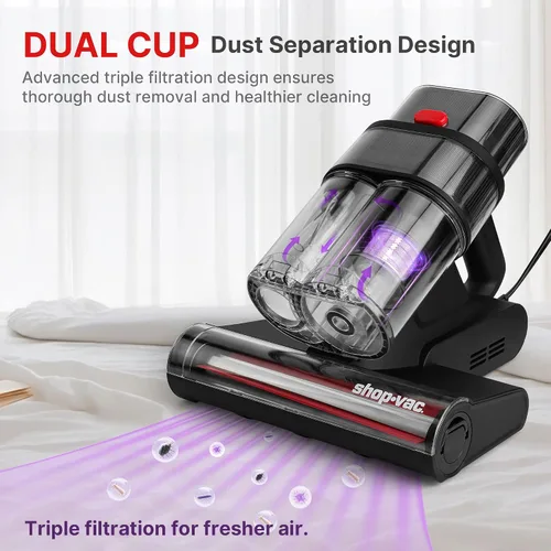 Vista 5 de Shop-Vac Aspiradora de colchón, potente aspiradora de cama de 14 KPa con luz UV-C de 253.7 nm, 36960 RPM/min de roscado, filtro HEPA y ultrasónico