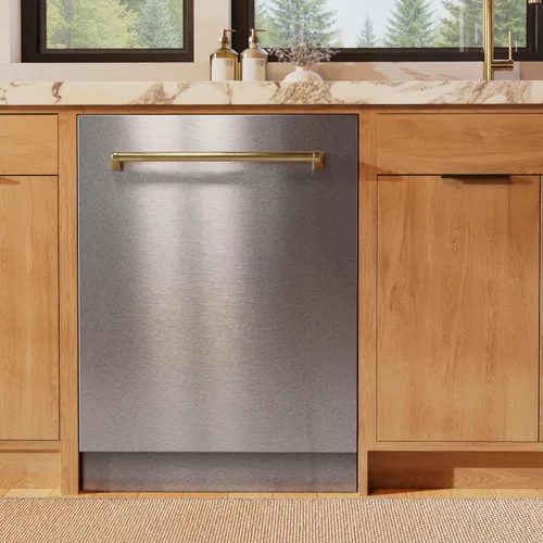 Vista 9 de ZLINE Autograph Edition - Lavavajillas de bañera alta con control táctil de 24 pulgadas con panel de acero inoxidable satinado y mango dorado